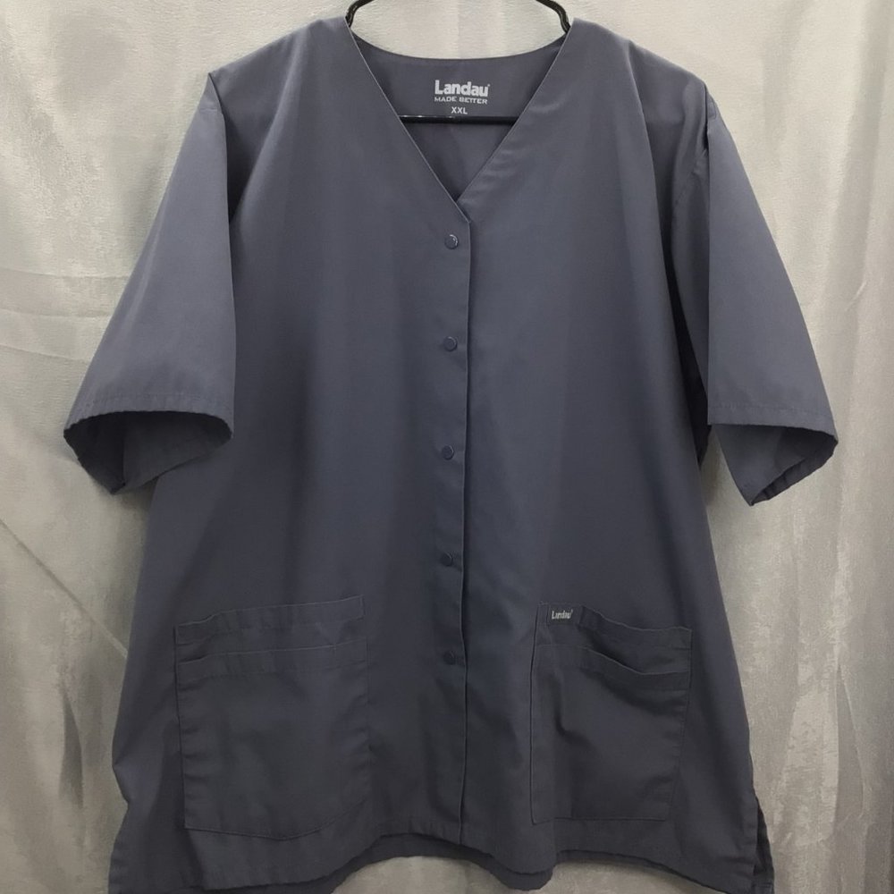 Landau Women's Snap Front Solid V-Neck Scrub Top XXL Gray